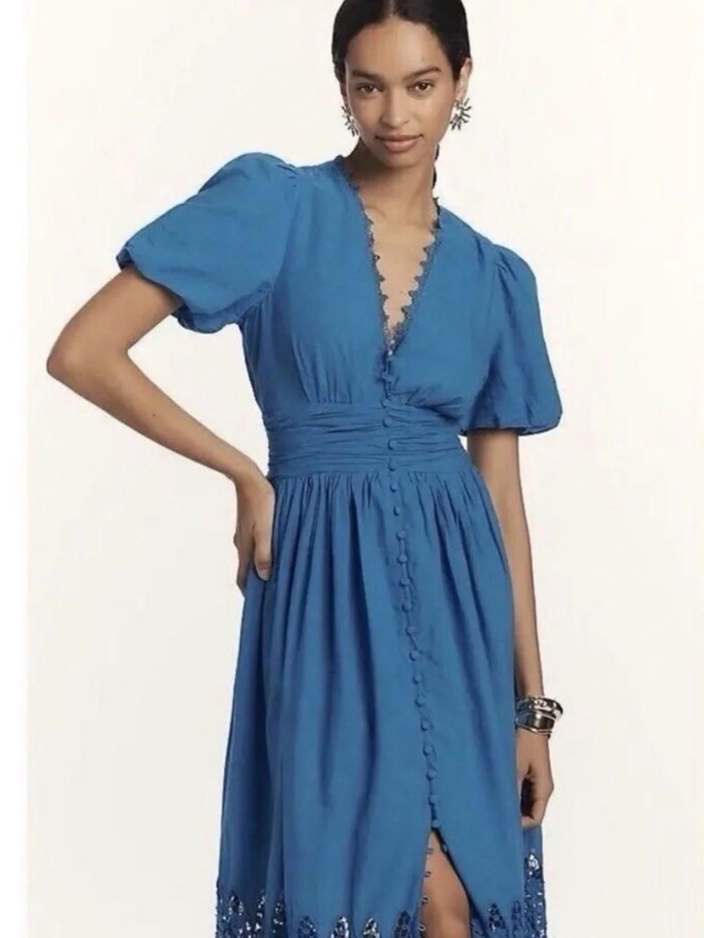 Anthropologie turquoise Blue Midi Dress with Lace Hem and V-Neck